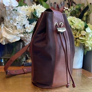Mark Cross Brown Leather and Nylon Drawstring Bucket Sling Bag